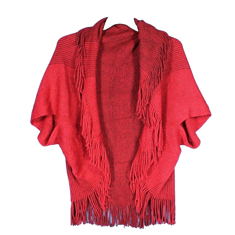MACCHIA DI RUGGINE Red Metallic OPEN FRONT Fringe Hem KNIT SWEATER SHRUG/WRAP OS